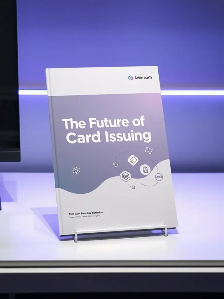 A professional graphic depicting a detailed white paper cover about 'The Future of Card Issuing'. The cover includes modern design elements and a clear title.