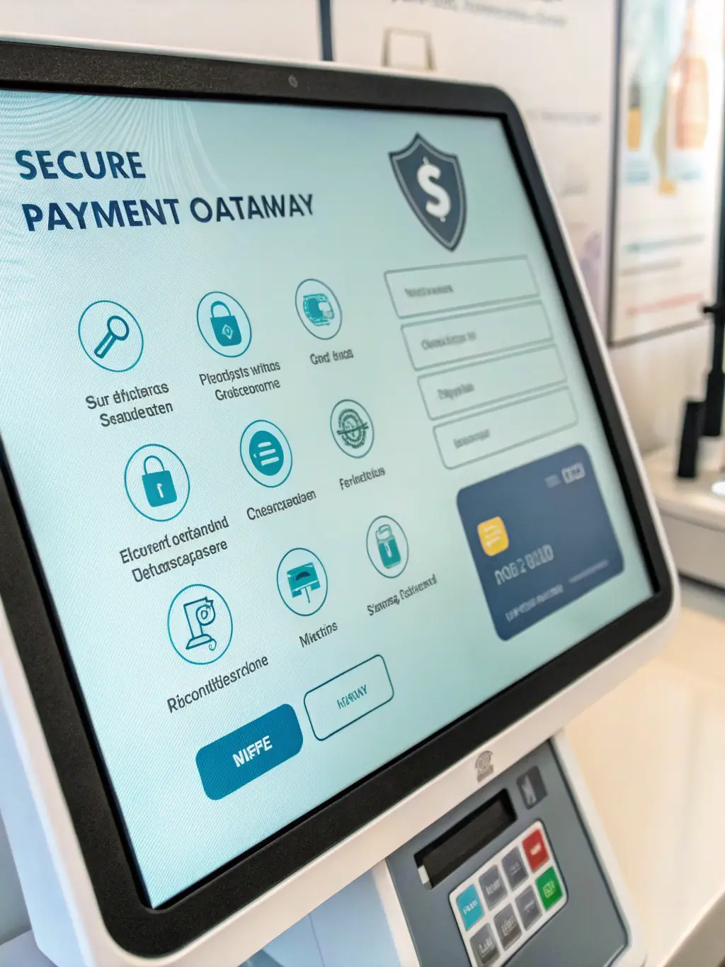 A secure payment gateway interface with multiple layers of encryption and authentication, ensuring safe and compliant transactions.
